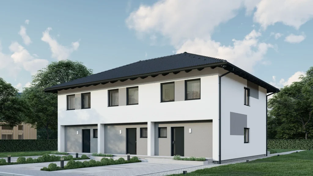 Modernes Doppelhaus als Fertighaus in Offenburg mit zwei separaten Eingängen, Flachdach und symmetrischer Fassade.