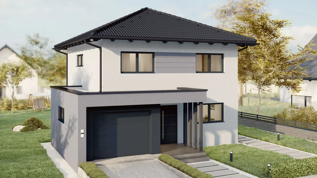 Zweistöckiges Fertighaus Pforzheim mit Garage und klar strukturierter Fassade – modernes Wohnen in urbaner Umgebung.