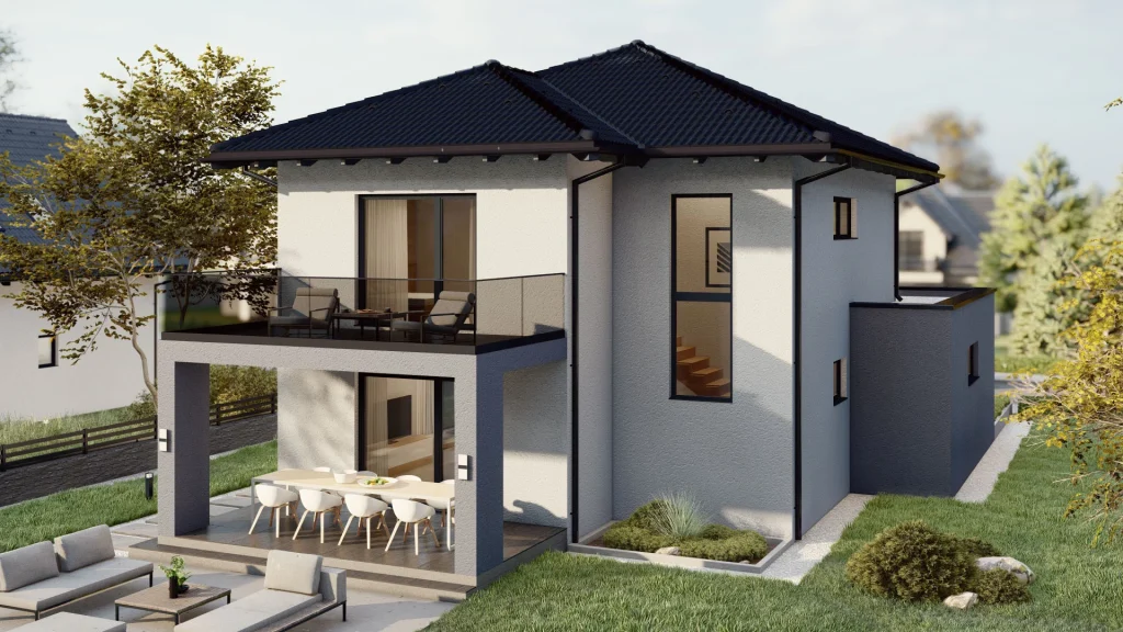 Fertighaus Pforzheim mit überdachter Terrasse und Balkon – perfekt für alle, die Innen- und Außenbereiche fließend nutzen möchten.