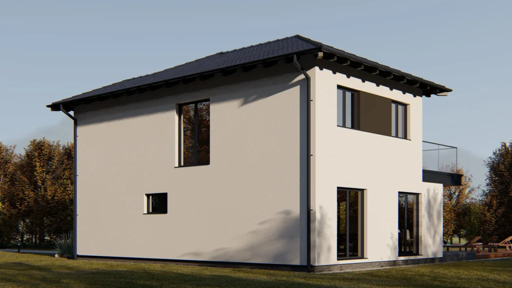 Schlichtes Fertighaus Pforzheim mit reduzierter Fassade und klarer Architektur – ideal für funktionales und minimalistisches Wohnen.