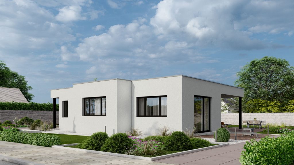 Flacher, barrierefreier Bungalow mit schlichter weißer Fassade und Gartenbereich – kompaktes Fertighaus Wiesbaden für altersgerechtes Wohnen.