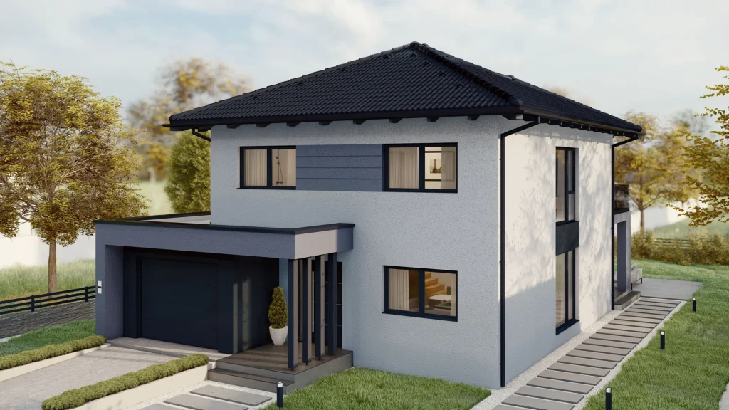 Zweigeschossiges Fertighaus mit dunklem Walmdach und integrierter Garage, stilvolle Architektur im Grünen – typisches Fertighaus Wiesbaden mit moderner Linienführung.