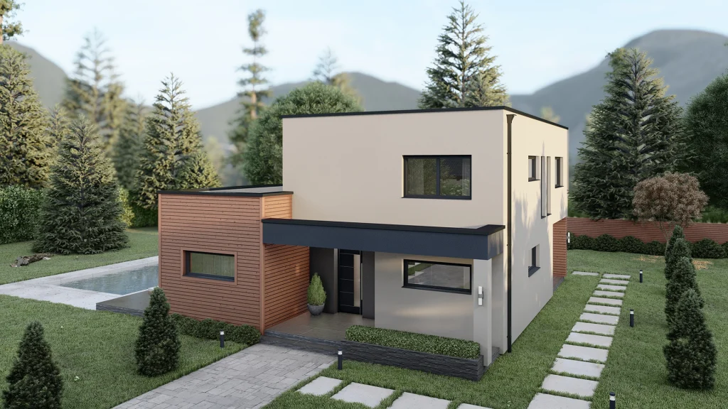 Winkelhaus mit Holzverkleidung und Flachdach vor bewaldeter Bergkulisse – architektonisch auffälliges Fertighaus Wiesbaden mit Naturbezug.