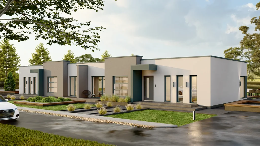 Modernes Fertighaus ISTRA A003 mit zeitgenössischer Architektur und großzügigen Fensterfronten