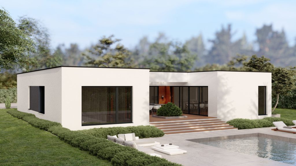 Modernes Fertighaus Lark-A003 mit zeitgenössischer Architektur und großen Fensterflächen von BAUTENT