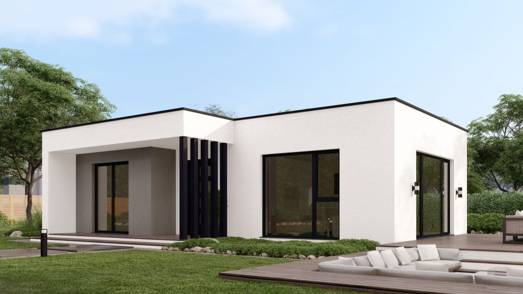 Modernes Fertighaus Piccolo-A001 mit zeitgenössischer Architektur und großen Fensterfronten von BAUTENT