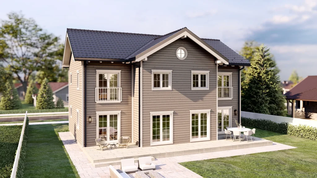 Modernes skandinavisches Fertighaus mit minimalistischer Architektur und großen Fensterfronten in natürlicher Umgebung