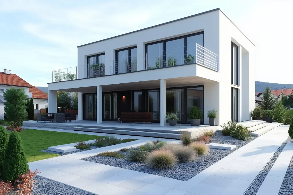 Sanierungsbeispiel eines modernen Fertighauses von BAUTENT mit renovierter Fassade und neuen Fenstern