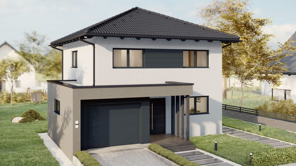 Modernes zweigeschossiges Fertighaus mit Walmdach, Garage und geradliniger Fassadengestaltung – urbanes Baukonzept für ein Fertighaus in Mainz.