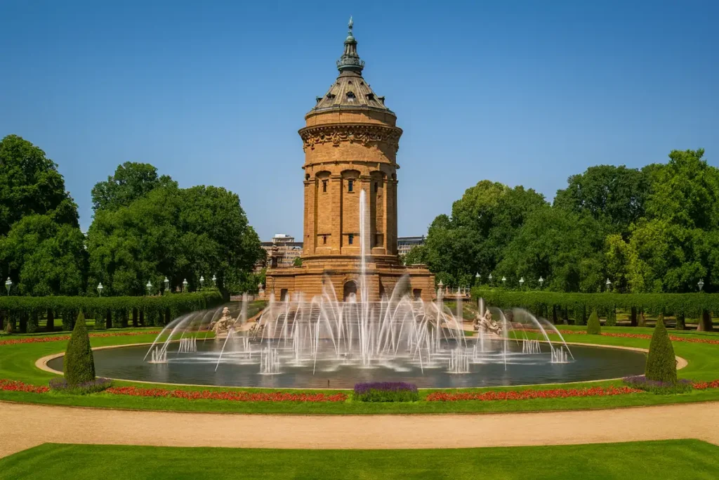 Wasserturm mit Brunnen und Parkanlagen nahe Stuttgart, beliebte Lage für Fertighaus Stuttgart