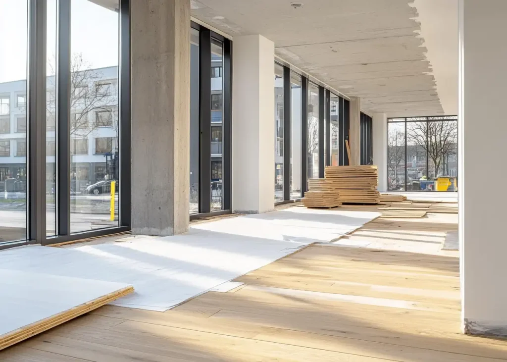 Ein noch zu sanierender nicht fertiger Innenraum von einem Fertighaus mit vielen Fenstern und Sicht nach draussen als Beispielbild für Bautent Sanierungen