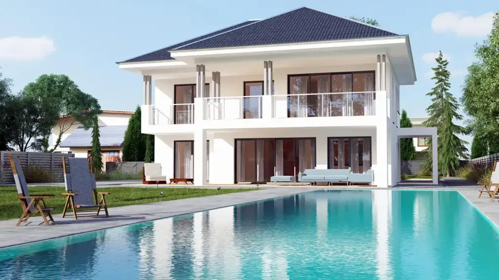 Zweistöckiges Fertighaus im mediterranen Stil mit Balkon, großen Glasflächen und Pool im Garten als Beispielbild für Bautent Sanierungen