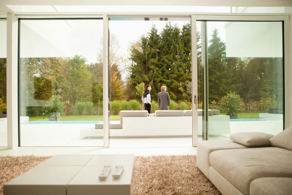 Wohnzimmer mit großem Schiebefenster, das auf einen Garten mit Bäumen und einem Poolblick führt – ein Beispiel für den Vorteil, Fenster zu erneuern, um den Raum zu vergrößern und zu verschönern.