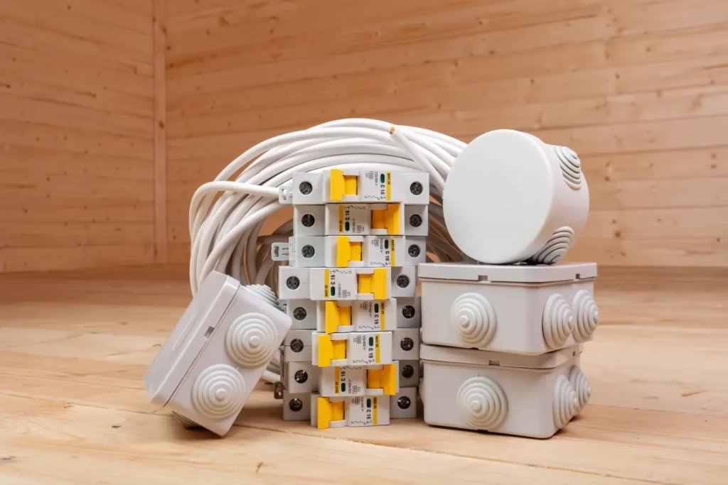 Neue FI-Schutzschalter und Verteilerdosen liegen bereit für die Installation beim Haus Elektrik erneuern Projekt